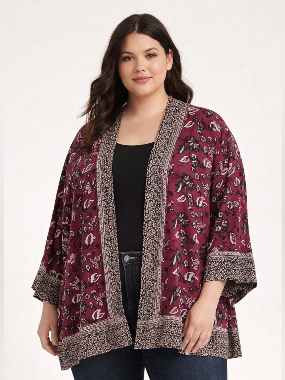 Torrid Burgundy Paisley Kimono Cardigan 3X 4X Boho Open Front Duster Lightweight